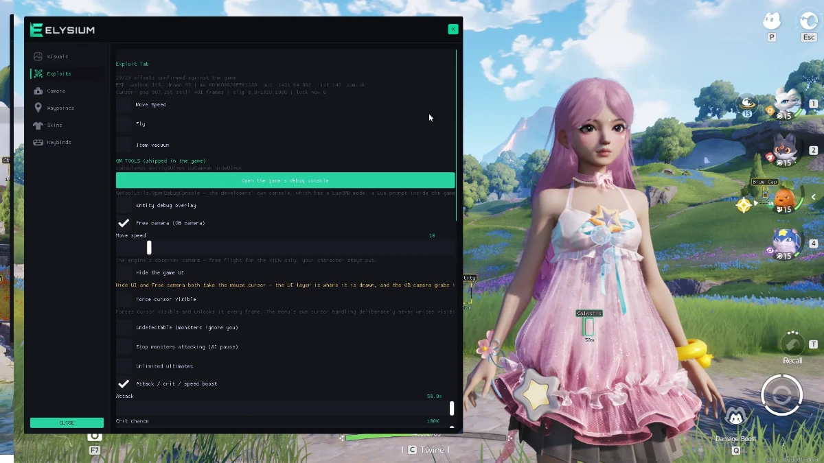 Aniimo cheat menu showing the exploits tab in game Aniimo cheat menu showing the exploits tab in game